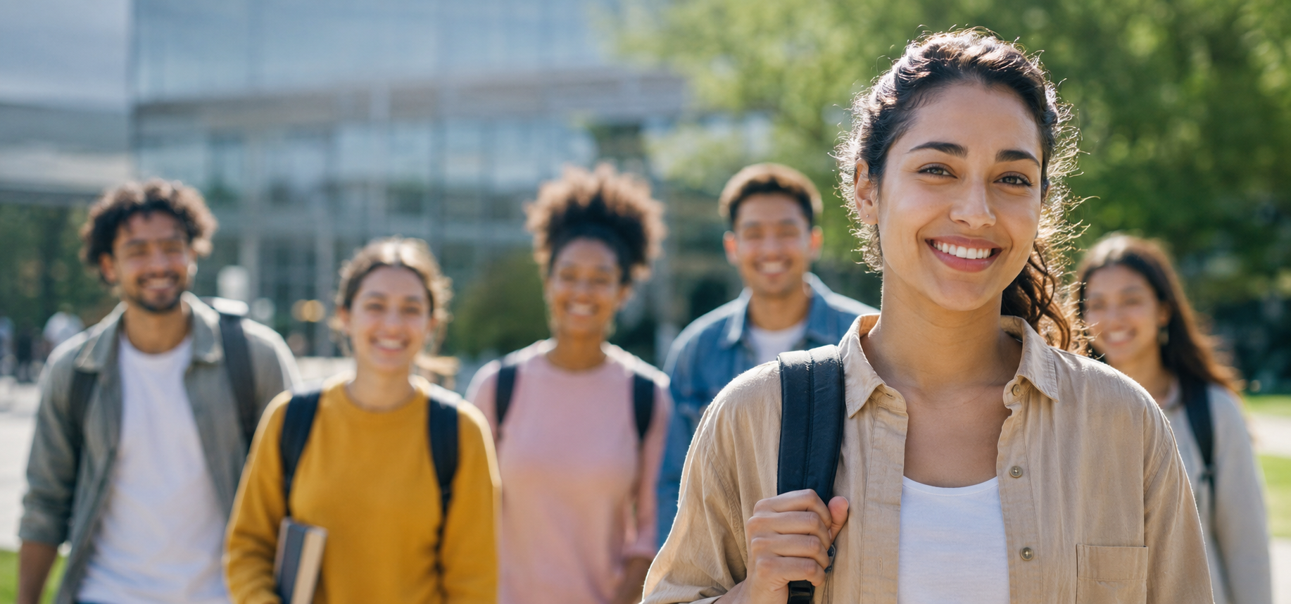 A group of university students walking together on campus, smiling toward the camera.