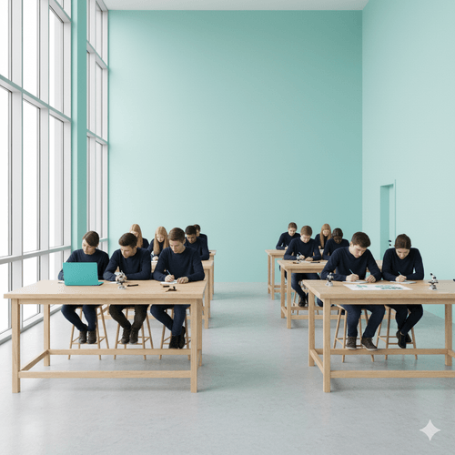 Students working at long wooden tables in a bright classroom with a wall of windows, seen from the back of the room.