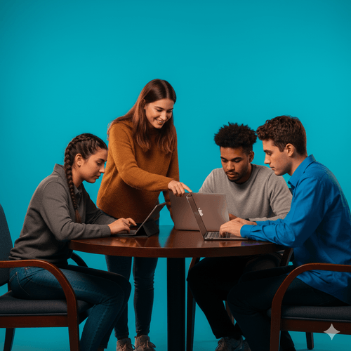 Four students around a round table with laptops and a tablet, one standing to point something out to the others.