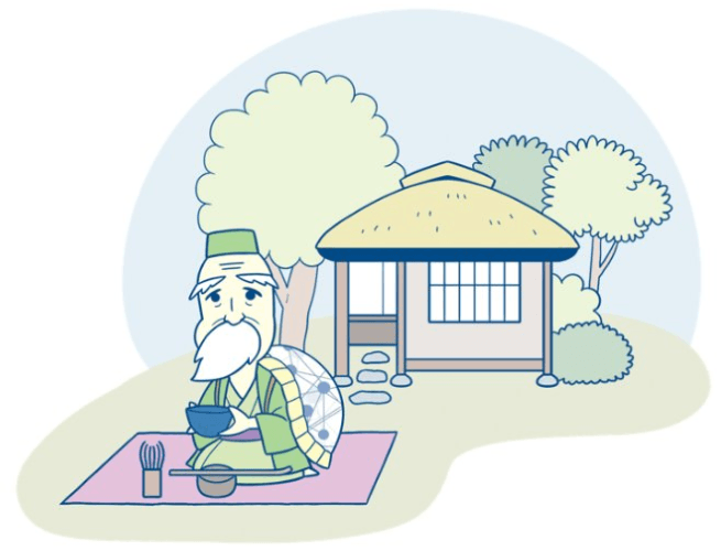 Mastery T, an elderly sage with a turtle shell on his back, kneeling on a mat with a bowl of tea in front of a thatched tea house among trees.