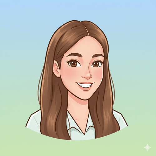 Illustrated portrait of a student with long brown hair and a pale collared shirt, smiling.
