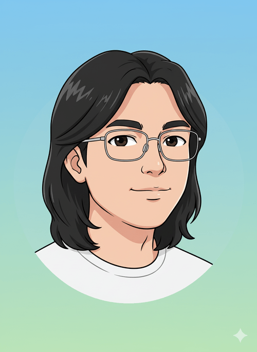 Illustrated portrait of a student with shoulder-length black hair and glasses, in a white top.