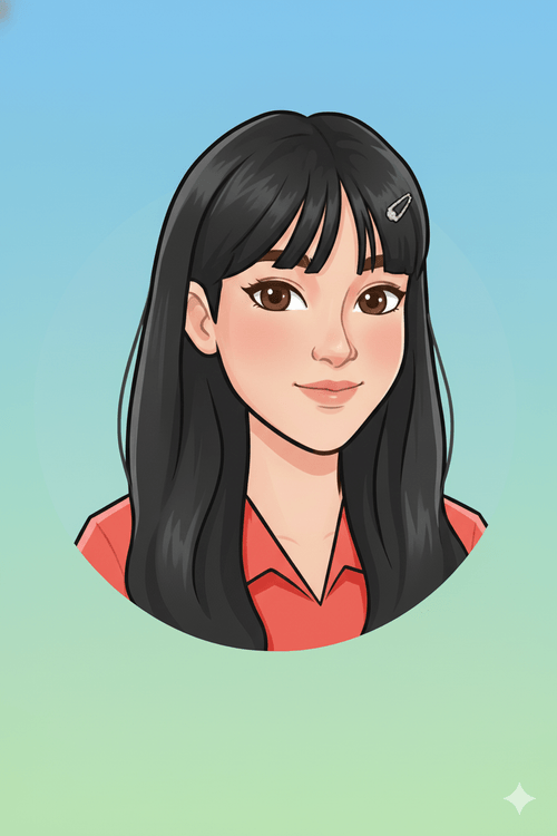 Illustrated portrait of a student with long black hair and a hair clip, in a red collared shirt.